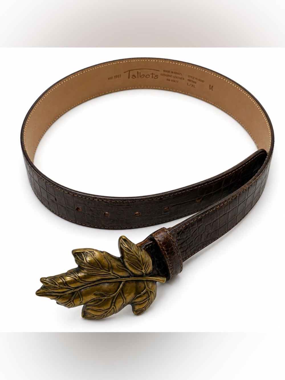 Talbots Brown Leather Belt with Antique Gold Leaf Buckle